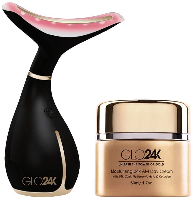 GLO24K Neck & Face LED Beauty Massager + 24k Moisturizing Day Cream. The Ultimate Duo for Neck Care. Treat your Neck & Face for a Flawless Appearance.