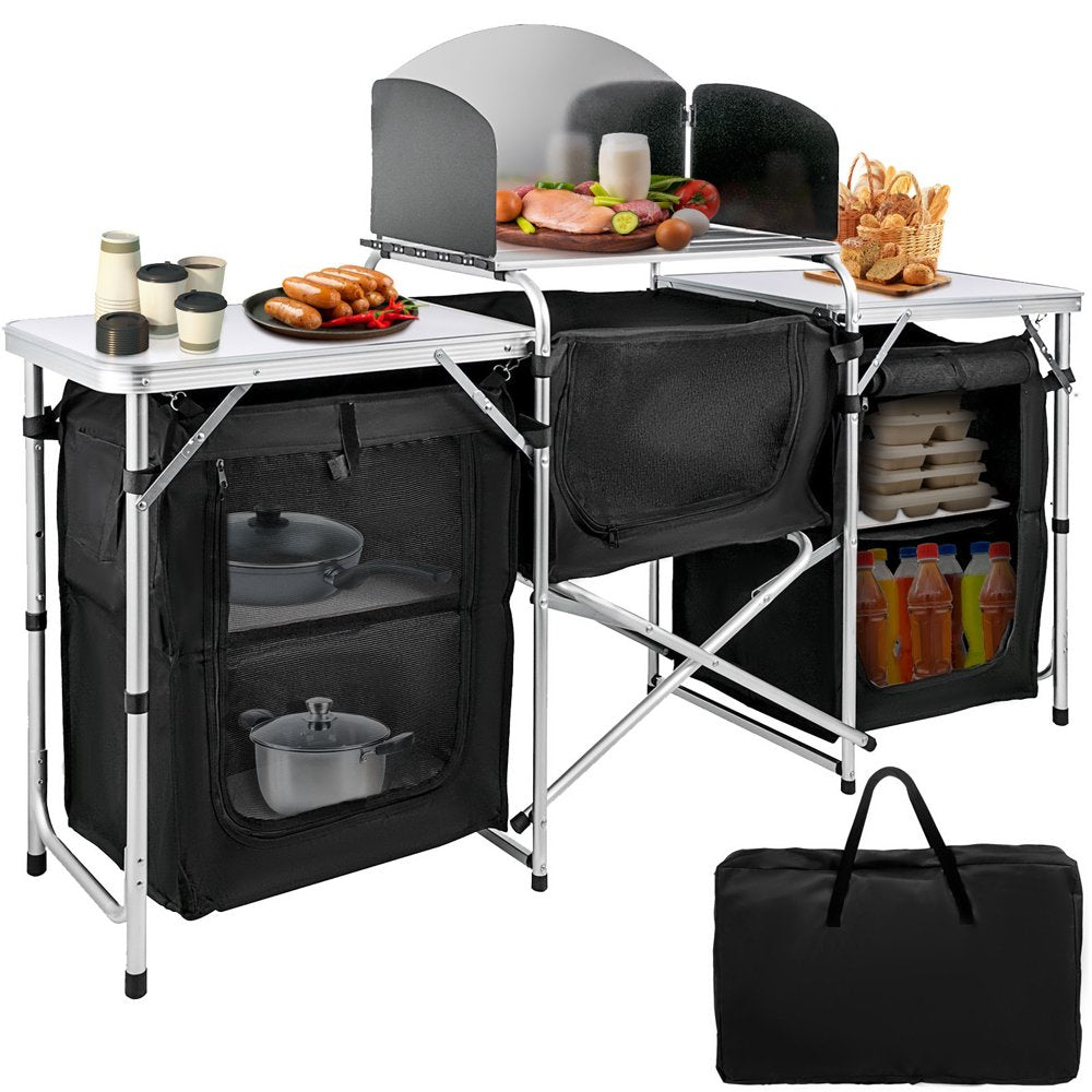 Vevorbrand Camping Kitchen Station, 3 Storage Camping Kitchen Table, Aluminum Windscreen with 2 Side Tables for BBQ Picnic Fishing Party Use, Brown