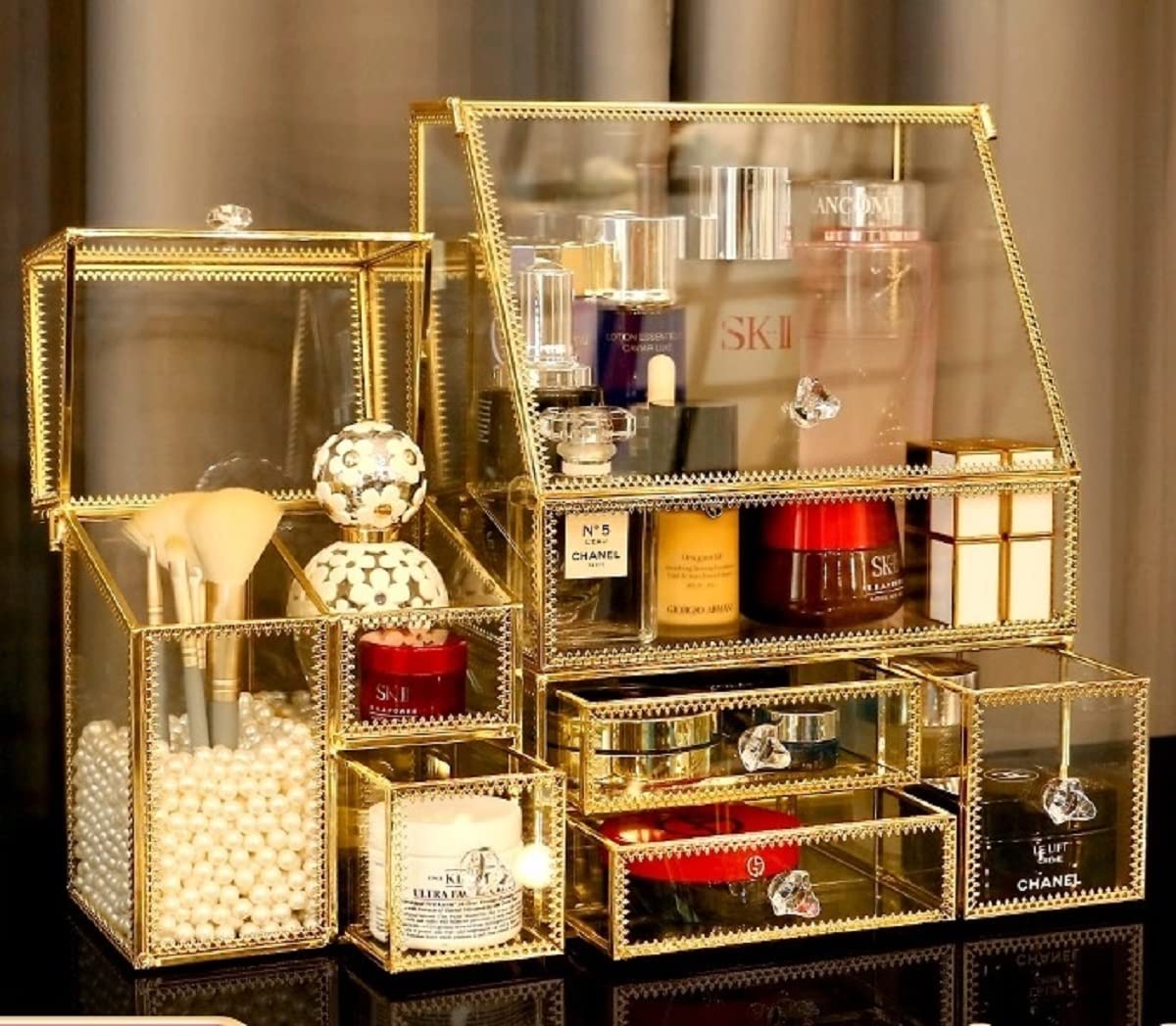 Glass Gold Bathroom Organizer/Stackable 2Pieces Drawer Set Storage/Antique Countertop Vanity Cosmetic Storage Box Mirror Glass Beauty Display, Skincare Storage Toner with free Pearl