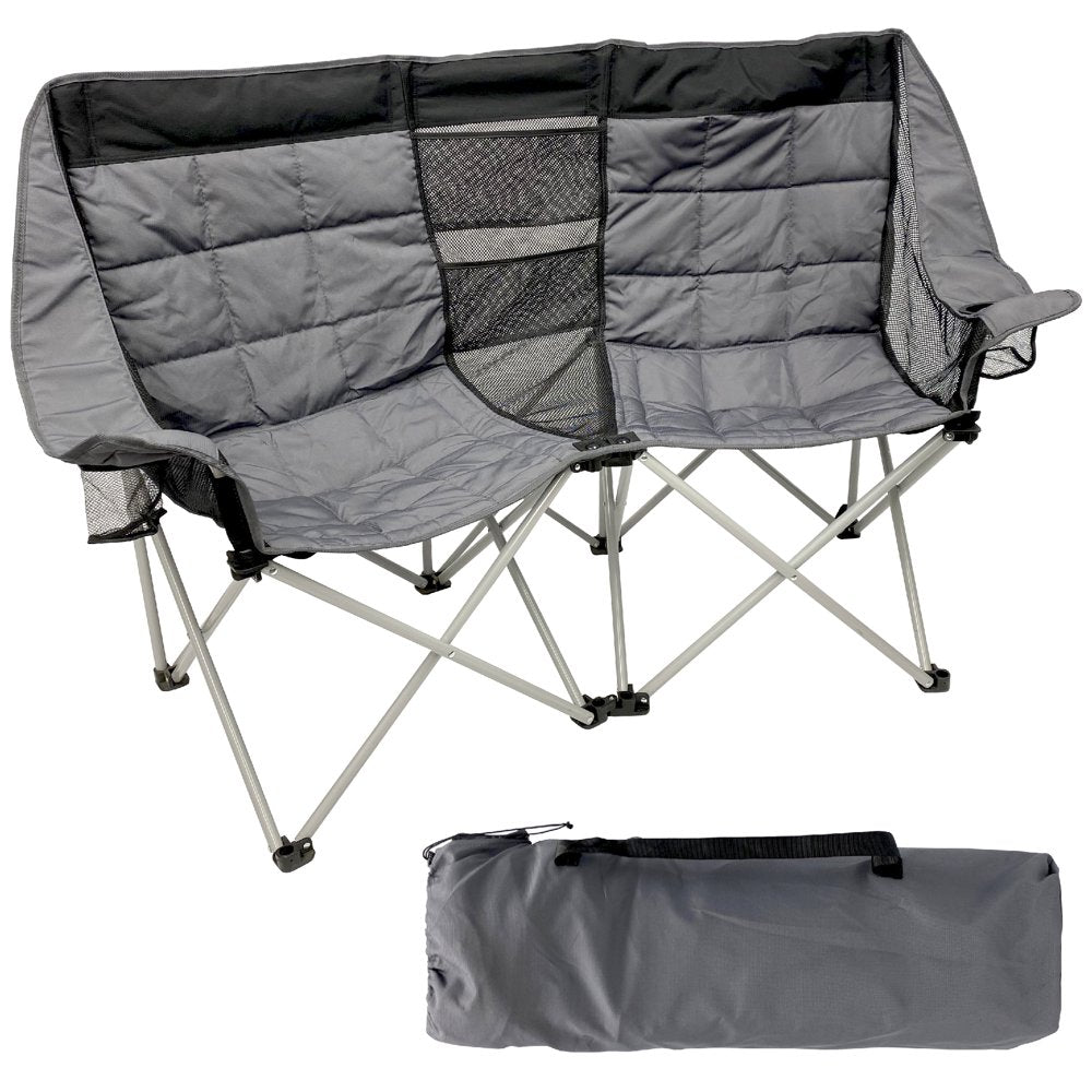 Easygo Product Camping Chair - Double Love Seat - Heavy Duty Oversized Camping RV Chair Folds Easily and Is Padded - Black Grey