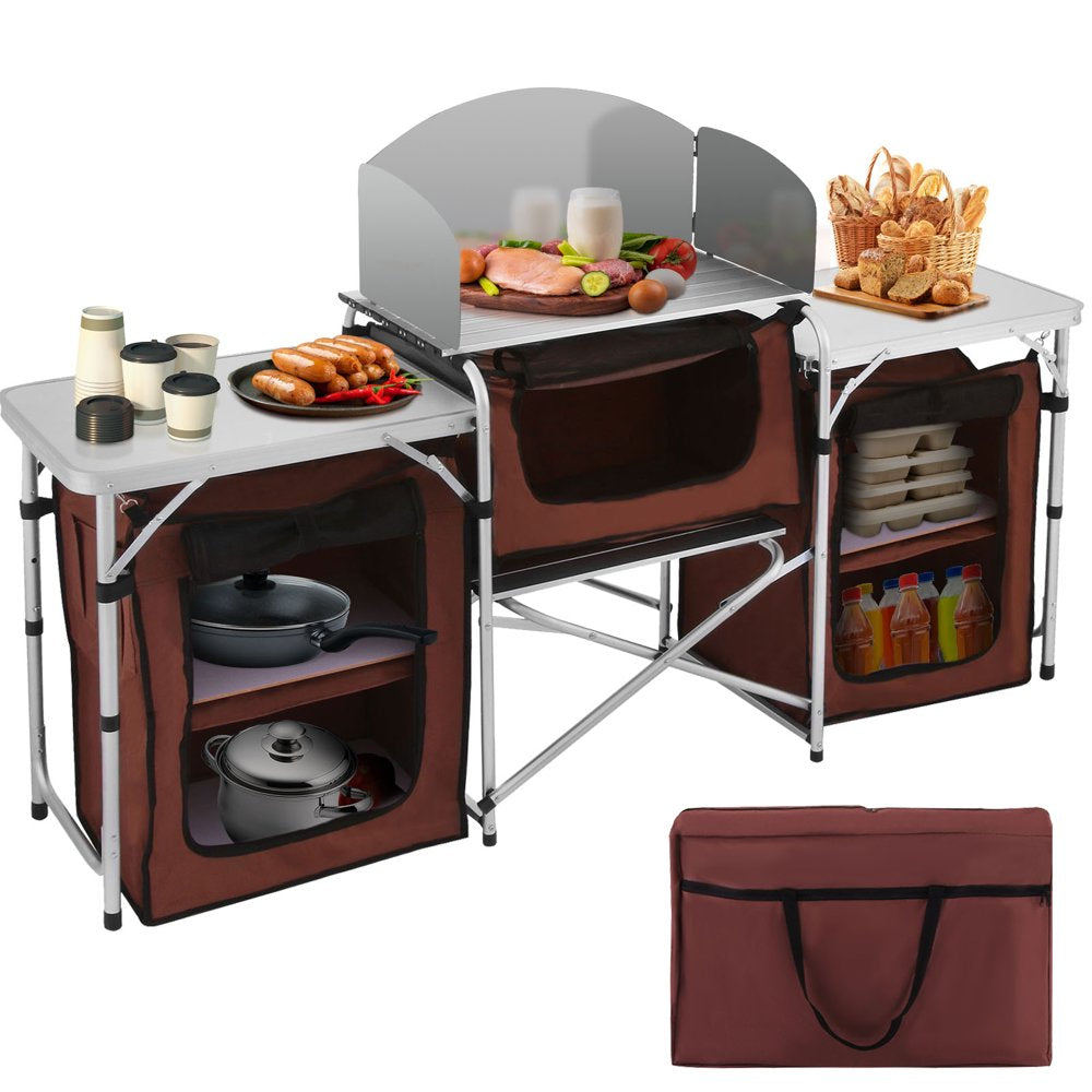 Vevorbrand Camping Kitchen Station, 3 Storage Camping Kitchen Table, Aluminum Windscreen with 2 Side Tables for BBQ Picnic Fishing Party Use, Brown
