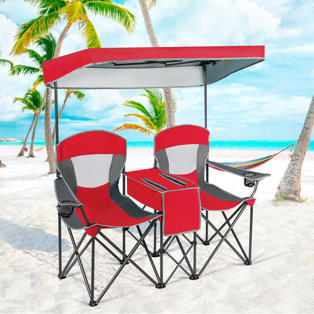 Gymax Folding 2-Person Camping Chairs Double Sunshade Chairs W/ Canopy Blue