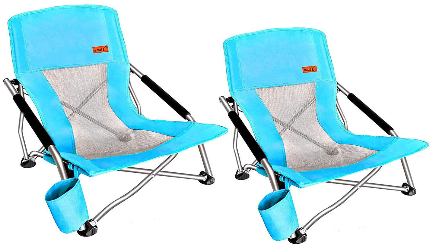 Nice C Low Beach Camping Folding Chair, Ultralight Backpacking Chair with Cup Holder & Carry Bag Compact & Heavy Duty Outdoor, Indoor(2 Pack of Blue)