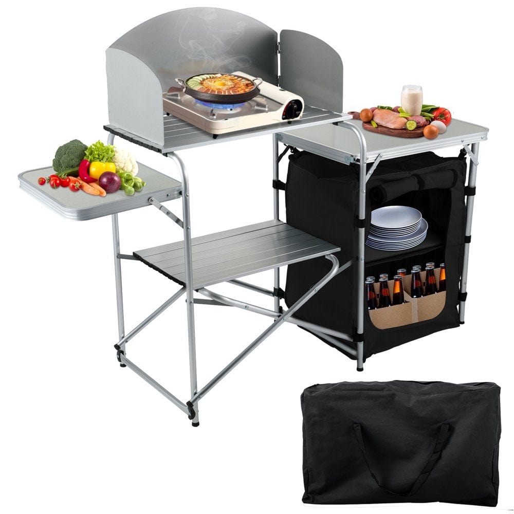 VEVOR Camping Kitchen Station, Aluminum Portable Folding Camp Cook Table with Windshield, Storage Organizer and 4 Adjustable Feet, Quick Installation for Outdoor Picnic Beach Party Cooking, Brown