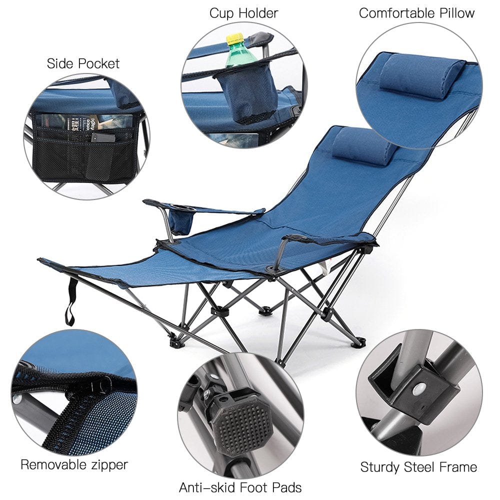 Walmeck 2 in 1 Folding Camping Chair Portable Adjustable Reclining Chair with Removable Footrest for Camping Fishing Beach Picnics