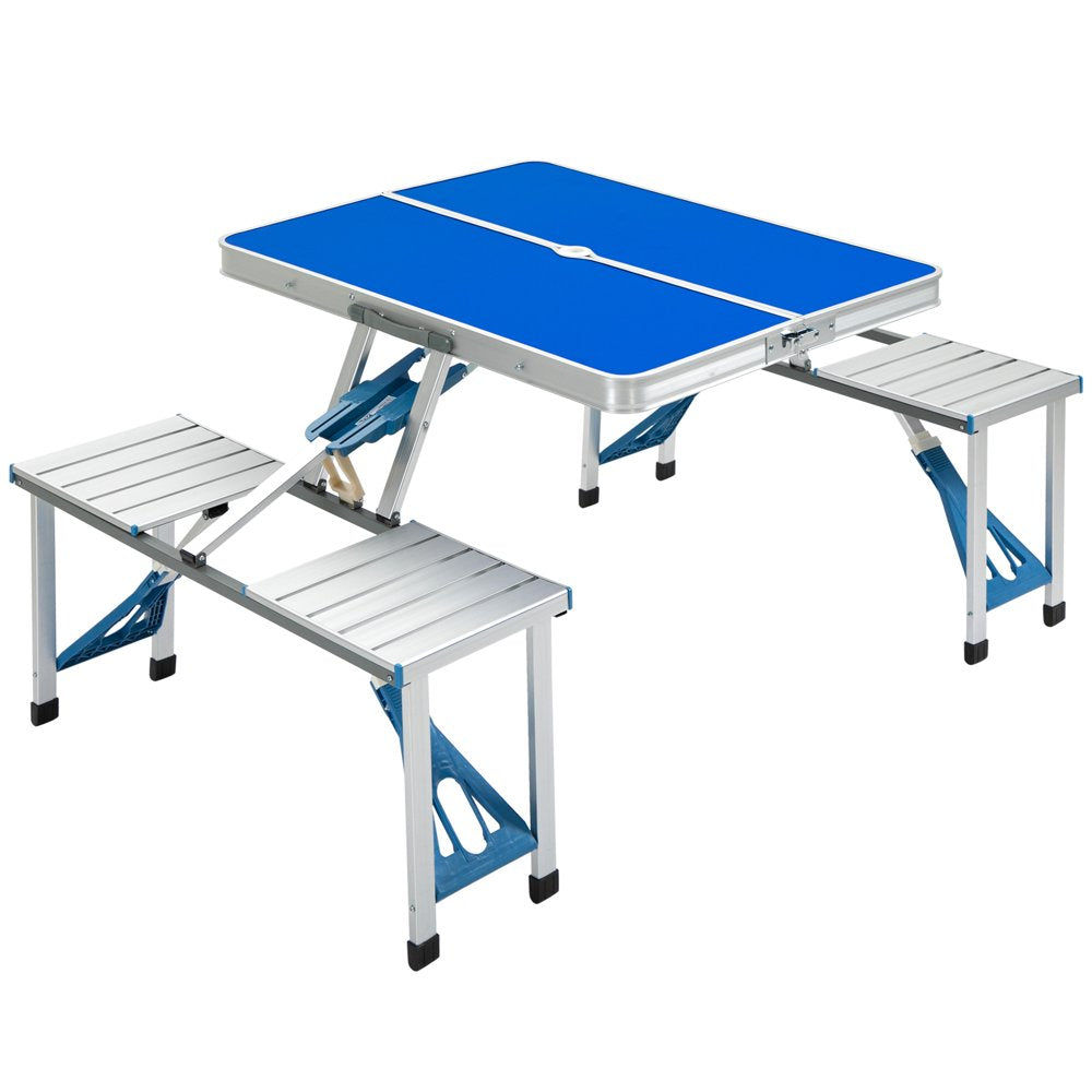 Outsunny Folding Aluminum Picnic Table Chair Set, 4-Seat Outdoor Furniture with Portable Suitcase, Umbrella Hole, Handle for Camping Dining BBQ, Blue