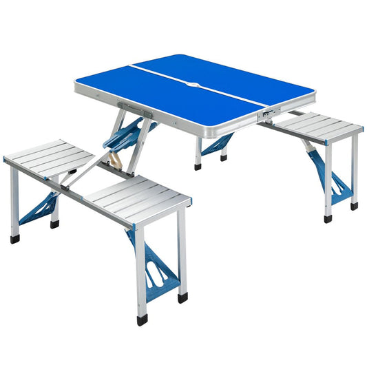 Outsunny Folding Aluminum Picnic Table Chair Set, 4-Seat Outdoor Furniture with Portable Suitcase, Umbrella Hole, Handle for Camping Dining BBQ, Blue