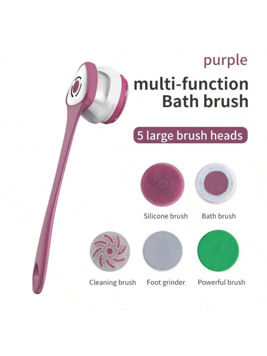 5-In-1 Electric Shower Brush Set For Whole Body Cleaning & Vibrating Massage - Detachable Long Handle & Exfoliating Silicone Brush!