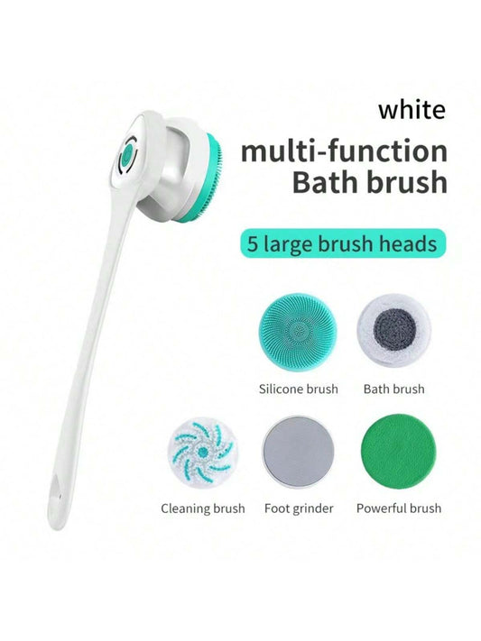 5-In-1 Electric Shower Brush Set For Whole Body Cleaning & Vibrating Massage - Detachable Long Handle & Exfoliating Silicone Brush!