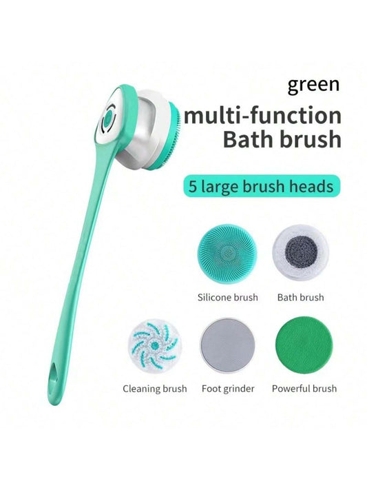 5-In-1 Electric Shower Brush Set For Whole Body Cleaning & Vibrating Massage - Detachable Long Handle & Exfoliating Silicone Brush!