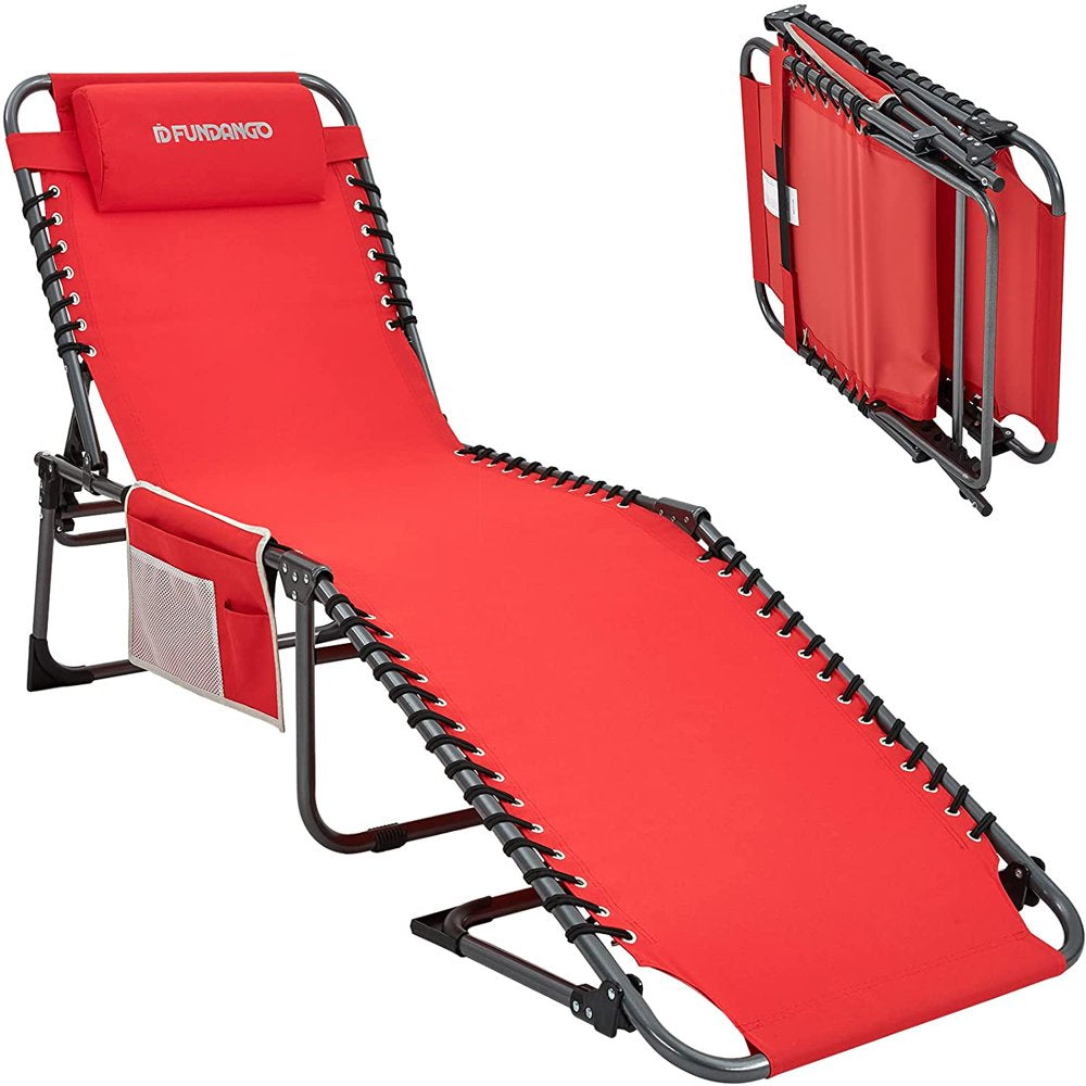 FUNDANGO Camping Chair Outdoor, Folding Chaise Lounge Chair for Beach Pool, Adjustable Reclining Chair with Pillow, Supports 265Lbs, Cyan