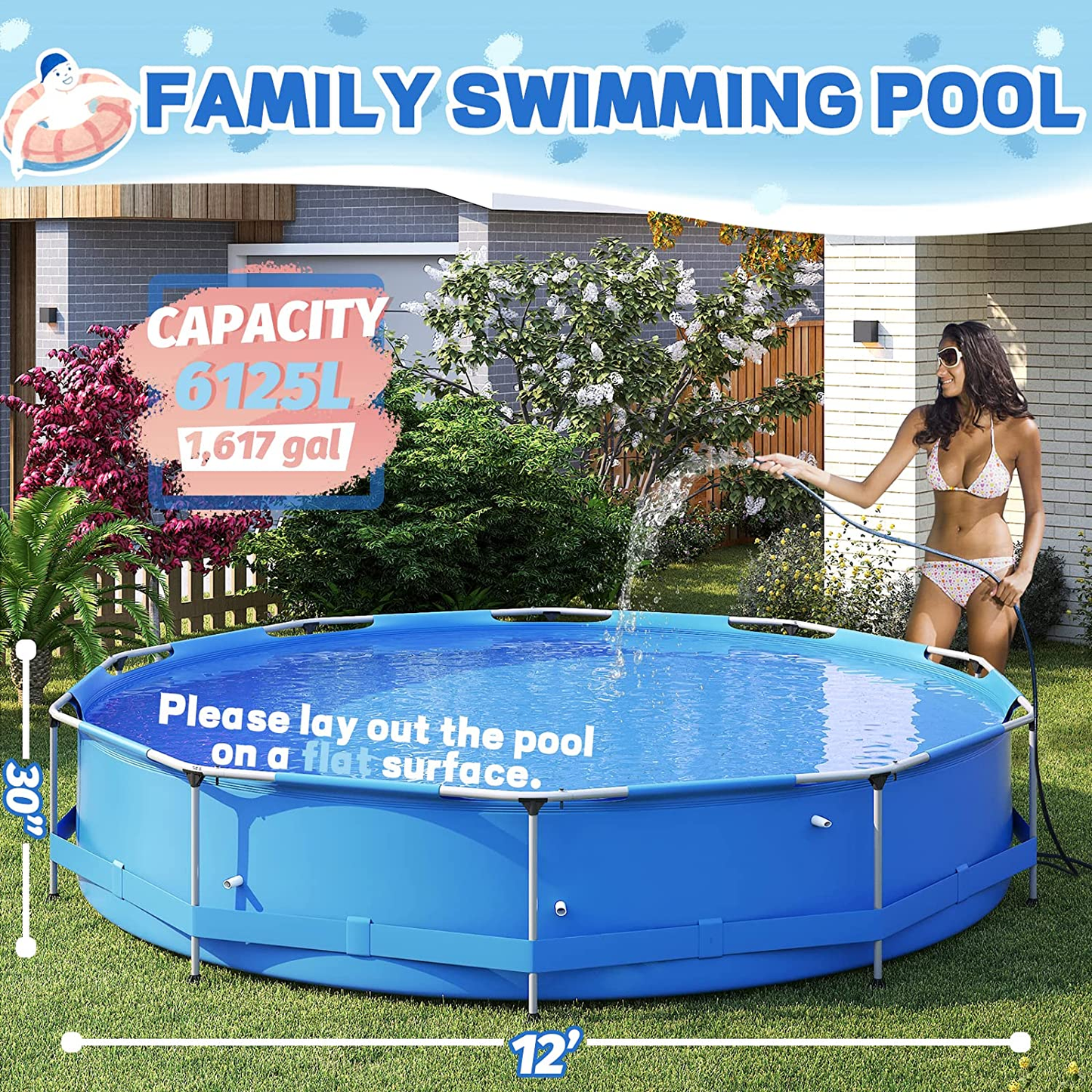 PIAOMTIEE 12’ X 30” Swimming Pool above Ground, Metal Frame round Pool 12 FT for Backyard Outdoor, Blue