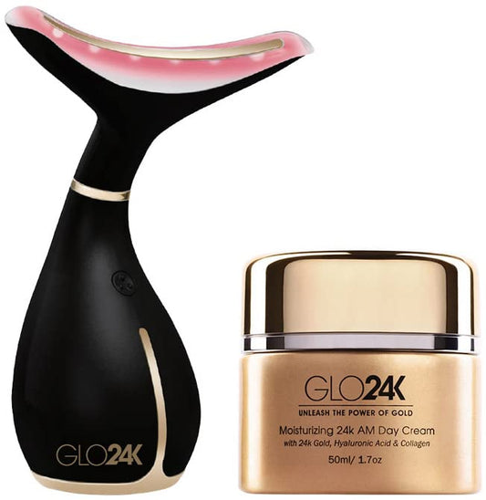 GLO24K Neck & Face LED Beauty Massager + 24k Moisturizing Day Cream. The Ultimate Duo for Neck Care. Treat your Neck & Face for a Flawless Appearance.