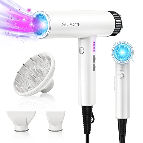 Blow Dryer, Professional Hair Dryer with Negative-Ion, 105000RPM High-Speed Brushless Motor, Blow Dryer with Diffuser, Fast-Drying & Constant Temperature, Portable Dryer for Travel & Salon（White）
