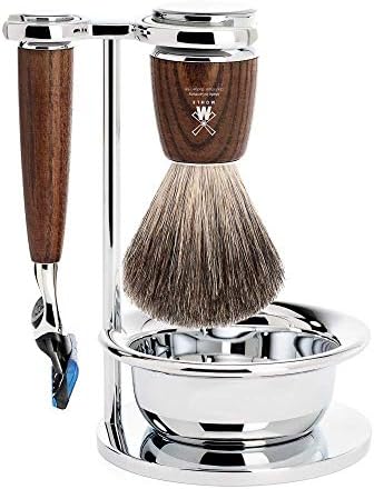 MÜHLE RYTMO Steamed Ash 4-piece Pure Badger 5-Blade Razor Modern Luxury Wet Shaving Set - Perfect for Every Day Use, Barbershop Quality Close Smooth Shave