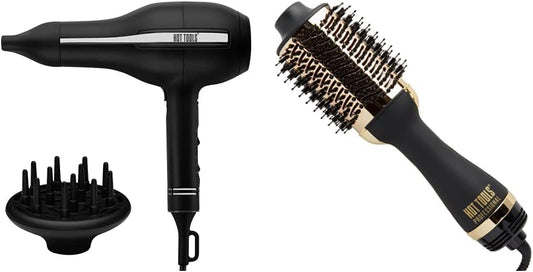 Hot Tools Pro Artist Black Gold 2000-Watt Ionic Hair Dryer + Hot Tools 24K Gold One-Step Hair Dryer and Volumizer
