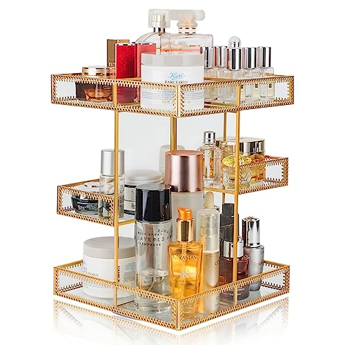 Yolmina 360° Rotation Glass Makeup Organizer, Golden Brass Make Up Organizer Holder for Vanity Countertop, Large Capacity Antique Glass Cosmetics Storage Display for Perfume, Skincare, Lipsticks
