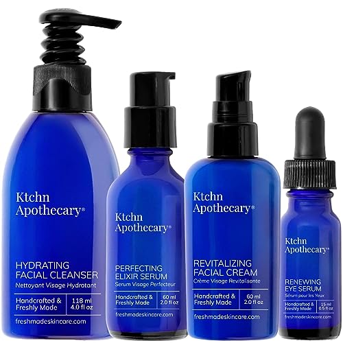 Ktchn Apothecary Fresh-Made Skincare, Natural Anti-Aging 4-Piece Face Set, Full-Size Hydrating Cleanser + Perfecting Serum + Revitalizing Cream + Eye Serum, All Skin Types, Women & Men ($165 Value)