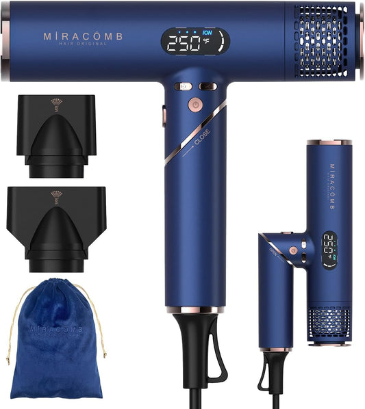Travel Hair Dryer • Negative Ion Blow Dryer - Powerful Brushless Motor, Foldable & Lightweight, Ultra-Fast Drying, Intelligent Heat Control, with 2 Magnetic Attachments