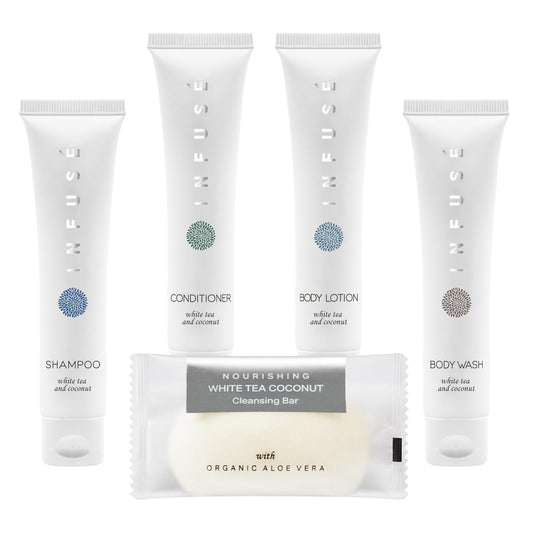 Infuse Pure White Tea and Coconut Hotel Soaps and Toiletries Bulk Set | 1-Shoppe All-In-Kit for Hotels | 1oz Shampoo & Conditioner, Body Wash, Lotion & 1.25oz Bar Soap | Travel Size 150 Pieces