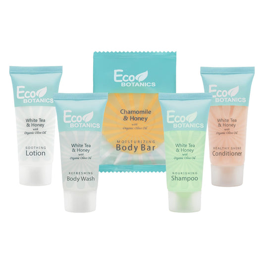 Eco Botanics Hotel Soaps and Toiletries Bulk Set | 1-Shoppe All-In-Kit Amenities for Hotels | 0.85oz Hotel Shampoo & Conditioner, Body Wash, Body Lotion & 0.89oz Bar Soap Travel Size | 150 Pieces
