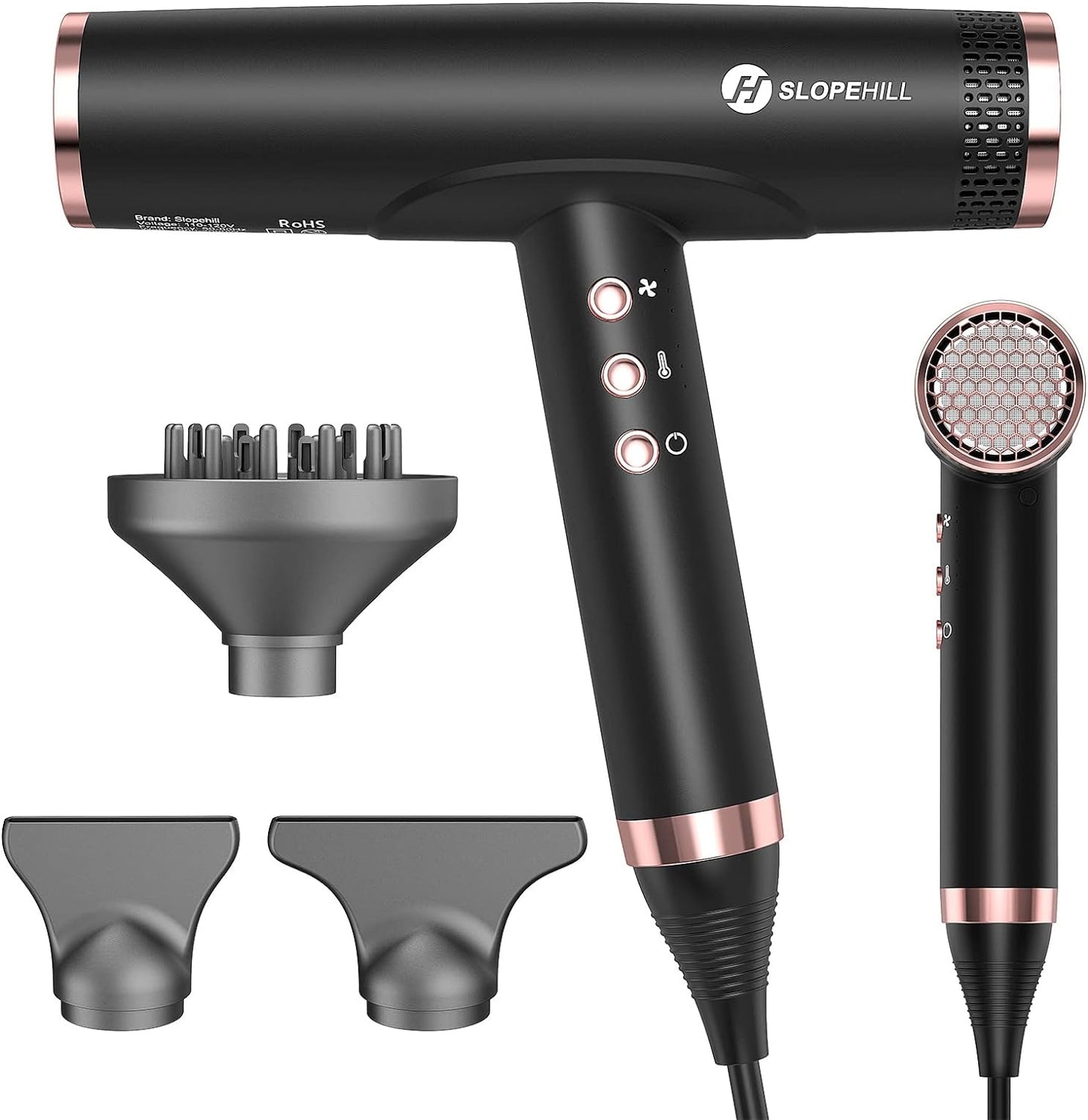 Slopehill Professional Hair Dryer with Diffuser, Ionic Hair Dryer,Lightweight Compact Powerful & Fast Salon Blow Dryer with High Speed Brushless Motor, Travel Hair Dryer, Women & Men (Ceramic, Black)