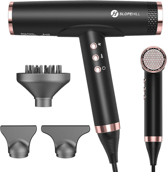 Slopehill Professional Hair Dryer with Diffuser, Ionic Hair Dryer,Lightweight Compact Powerful & Fast Salon Blow Dryer with High Speed Brushless Motor, Travel Hair Dryer, Women & Men (Ceramic, Black)