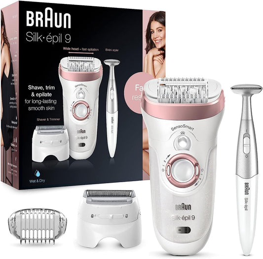 Braun Silk-Žpil 9 9-890, Facial Hair Removal for Women, Hair Removal Device, Bikini Trimmer, Womens Shaver Wet & Dry, Cordless and 7 extras