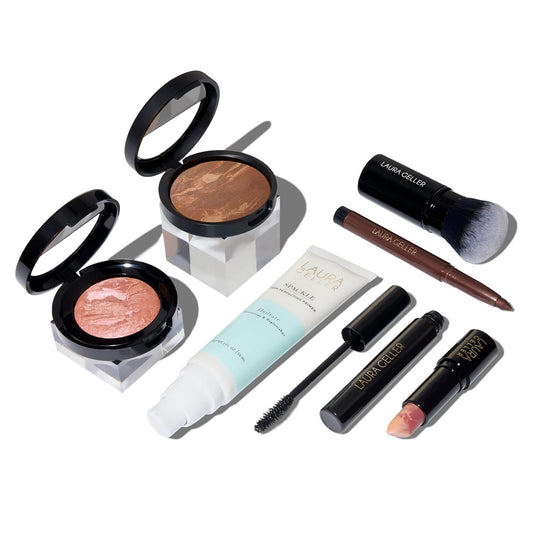LAURA GELLER NEW YORK 25th Anniversary Bundle - 7Pc With Spackle Hydrate Primer, Eyeliner, Blush-n-Brighten Foundation, Long Lash Mascara, Airbrush Kabuki, Berry Banana, Balance-n-Brighten, Toffee