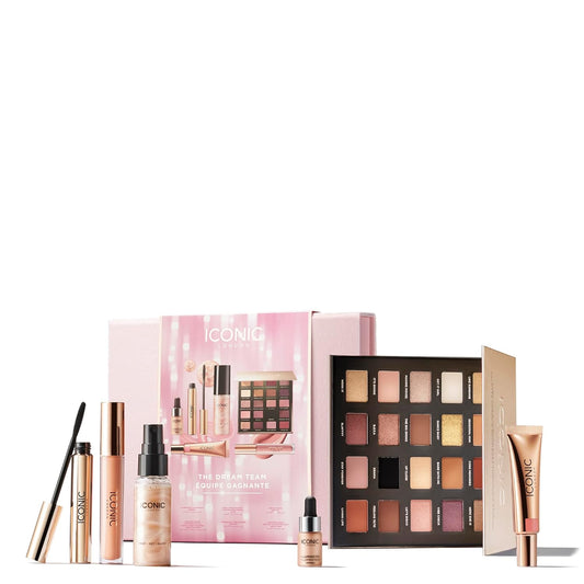 ICONIC LONDON The Dream Team Gift Set | Includes Illuminator Original, Tripple Threat Mascara, Prep Set Glow Original, Eyeshadow Palette, Sheer Blush Rose Riot, and Lip Pumping Gloss Nearly Nude