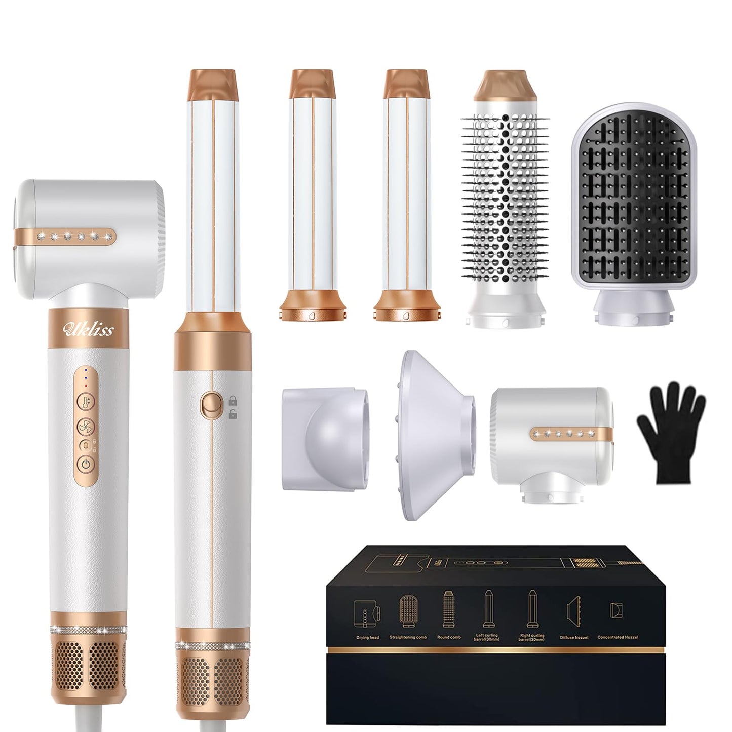 7 in 1 110000 RPM Hot Air Brush 1400W High Speed Hair Dryer with Diffuser Blow Dryer Brush Hair Styler, Drying Oval Brush Air Curling Wand,Concentrator Attachment,Fast Iron Dryer Styler Tools Set