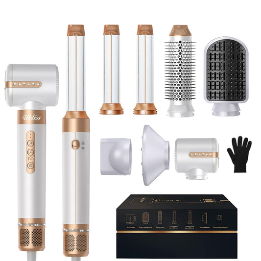 7 in 1 110000 RPM Hot Air Brush 1400W High Speed Hair Dryer with Diffuser Blow Dryer Brush Hair Styler, Drying Oval Brush Air Curling Wand,Concentrator Attachment,Fast Iron Dryer Styler Tools Set