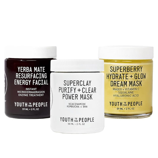 Youth To The People 3-Piece Youth Treatment Set - Overnight Superberry Hydrate + Glow Dream Mask, Exfoliating Yerba Mate Energy Facial Scrub, Superclay Purify + Clear Mask