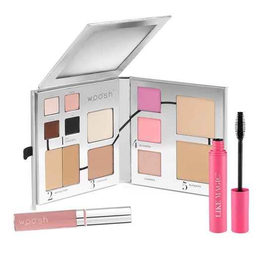 Woosh Beauty, All-in-One Full Face Makeup Bundle, Like Magic Mascara, Spin on Lip Gloss, Fold Out Face Cream & Powder Palette, Travel Essential, Vegan & Cruelty-Free (#4 Medium Light, Beige Frosted)