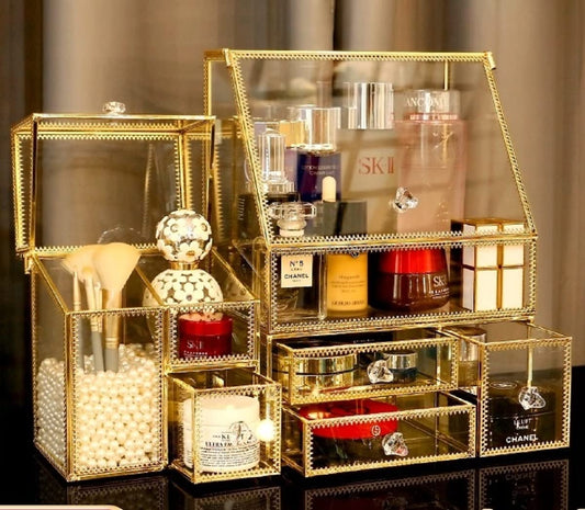 Glass Gold Bathroom Organizer/Stackable 2Pieces Drawer Set Storage/Antique Countertop Vanity Cosmetic Storage Box Mirror Glass Beauty Display, Skincare Storage Toner with free Pearl