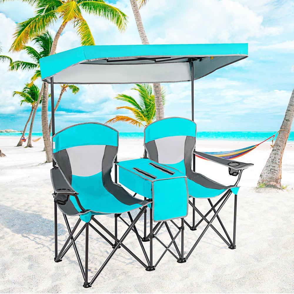 Gymax Folding 2-Person Camping Chairs Double Sunshade Chairs W/ Canopy Blue
