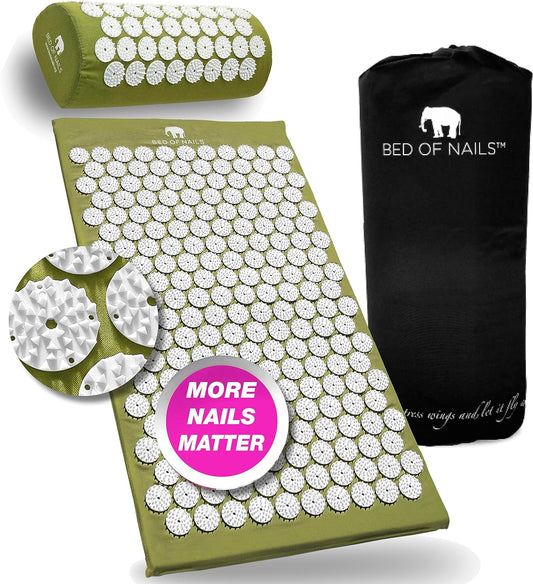 The Original Premium Acupressure Mat & Pillow Set, 10,962 Acupuncture Pressure Points for Back Pain Relief, Increased Energy, Relaxation, FSA/HSA Eligible, Drawstring Bag, Green