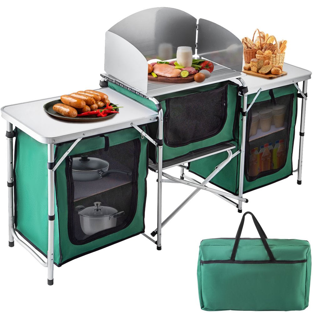 Vevorbrand Camping Kitchen Station, 3 Storage Camping Kitchen Table, Aluminum Windscreen with 2 Side Tables for BBQ Picnic Fishing Party Use, Brown