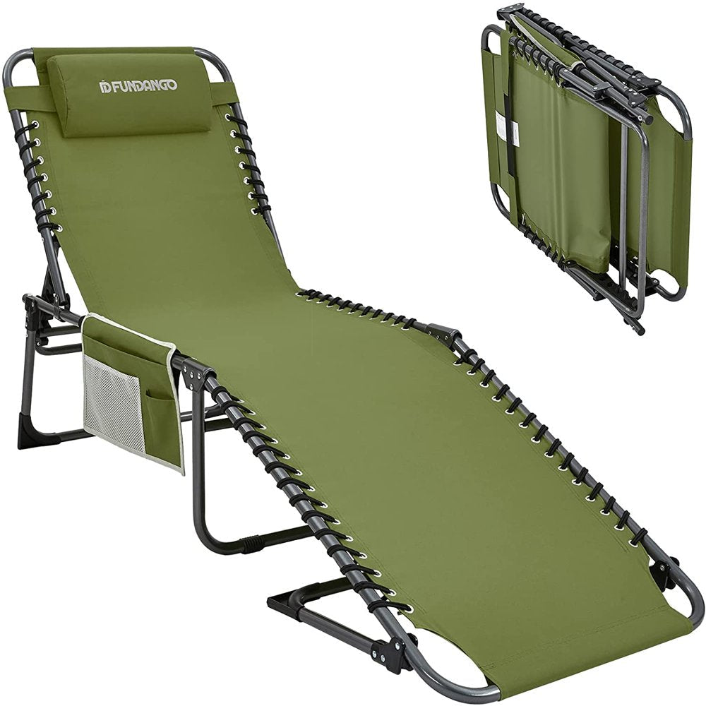 FUNDANGO Camping Chair Outdoor, Folding Chaise Lounge Chair for Beach Pool, Adjustable Reclining Chair with Pillow, Supports 265Lbs, Cyan