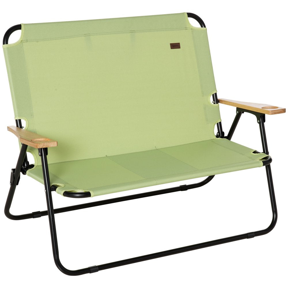 Outsunny Portable Folding Double Camping Chair Cup Holder, Loveseat for 2 Person, Outdoor Chair with Wood Armrest Beach Travel, Blue