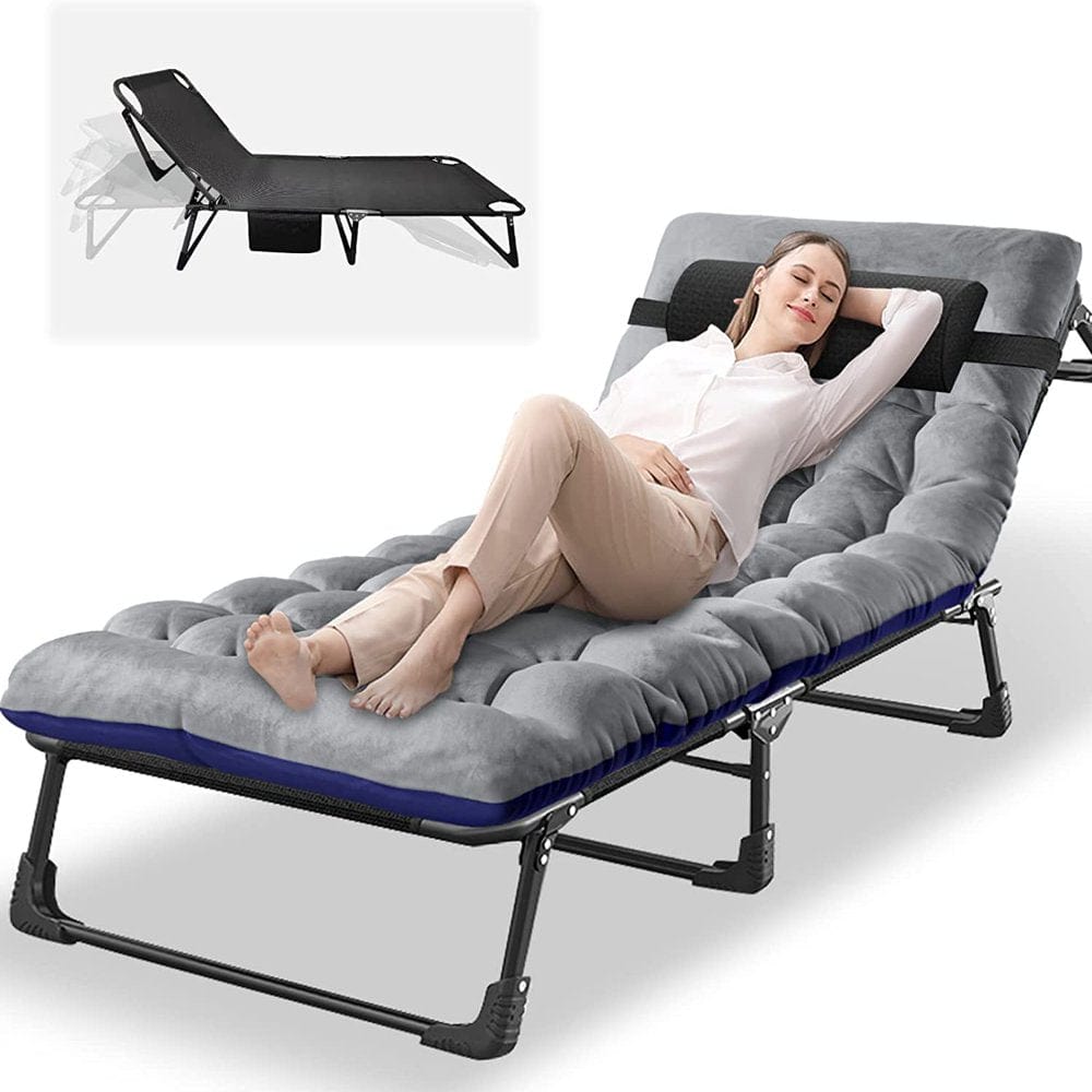 ABORON Camping Cots for Adults, 4- Position Adjustment Folding Chaise Lounge Chair, Folding Cots, Sleeping Cots with 2-Sides Cotton Mattress & Pillow