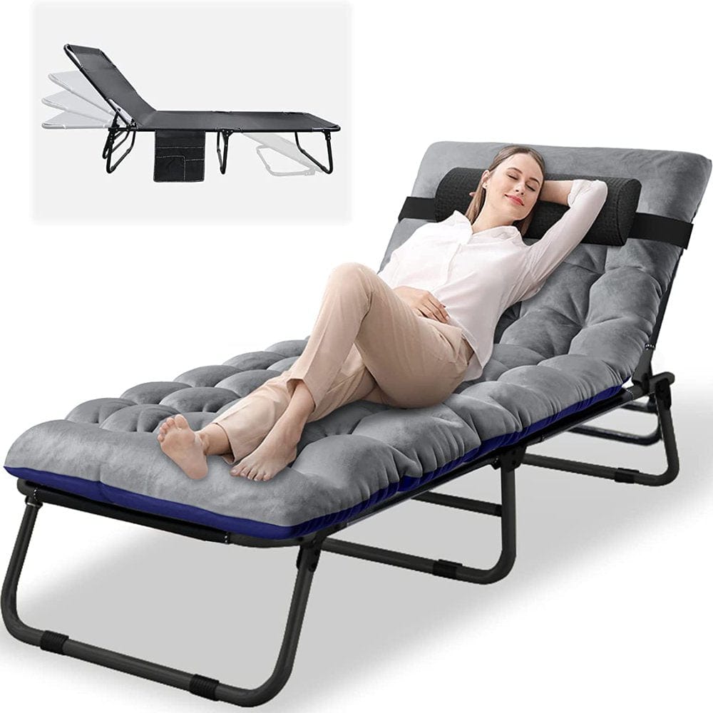 ABORON Camping Cots for Adults, Folding Guest Bed Cot, 4- Position Adjustment Folding Chaise Lounge Chair, Folding Bed with 2-Sides Cotton Mattress & Pillow