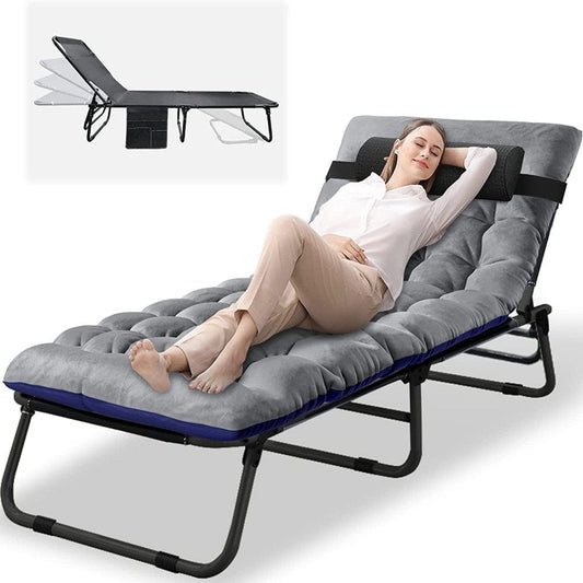 ABORON Camping Cots for Adults, Folding Guest Bed Cot, 4- Position Adjustment Folding Chaise Lounge Chair, Folding Bed with 2-Sides Cotton Mattress & Pillow