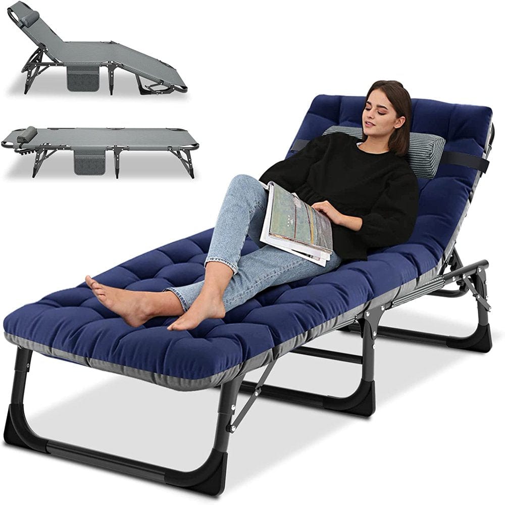 ABORON Camping Cots for Adults, Folding Guest Bed Cot, 4- Position Adjustment Folding Chaise Lounge Chair, Folding Bed with 2-Sides Cotton Mattress & Pillow
