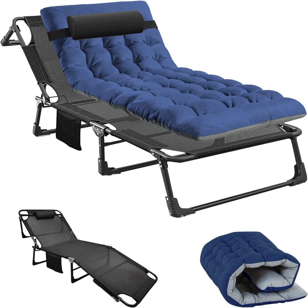 ABORON Camping Cots for Adults, Folding Guest Bed Cot, 4- Position Adjustment Folding Chaise Lounge Chair, Folding Bed with 2-Sides Cotton Mattress & Pillow