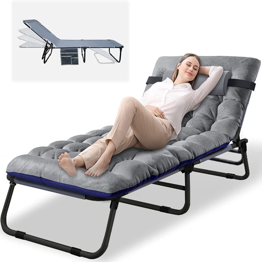 ABORON Camping Cots for Adults, Folding Guest Bed Cot, 4- Position Adjustment Folding Chaise Lounge Chair, Folding Bed with 2-Sides Cotton Mattress & Pillow