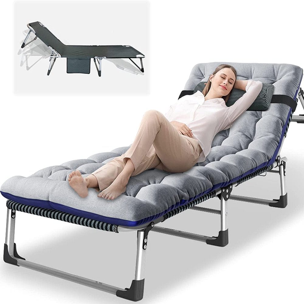 ABORON Camping Cots for Adults, Folding Guest Bed Cot, 4- Position Adjustment Folding Chaise Lounge Chair, Folding Bed with 2-Sides Cotton Mattress & Pillow
