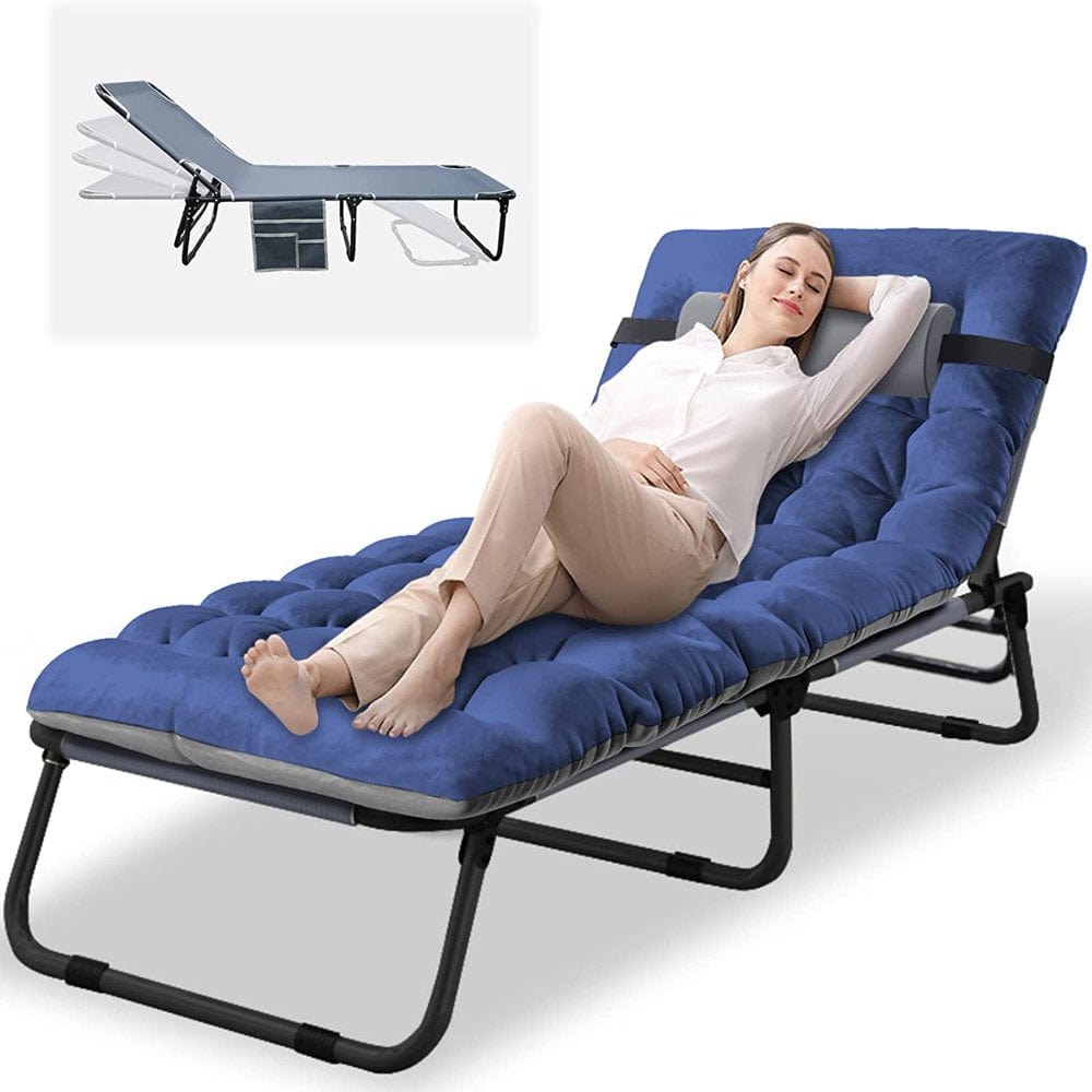 ABORON Camping Cots for Adults, Folding Guest Bed Cot, 4- Position Adjustment Folding Chaise Lounge Chair, Folding Bed with 2-Sides Cotton Mattress & Pillow