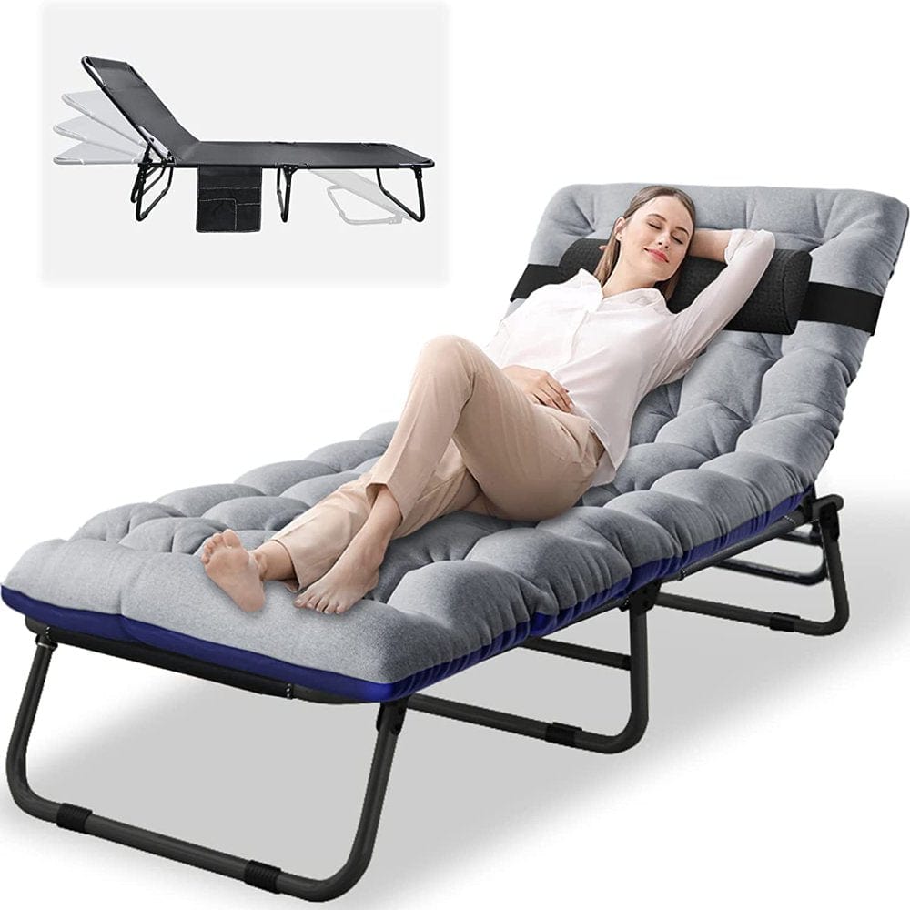 ABORON Camping Cots for Adults, Folding Guest Bed Cot, 4- Position Adjustment Folding Chaise Lounge Chair, Folding Bed with 2-Sides Cotton Mattress & Pillow