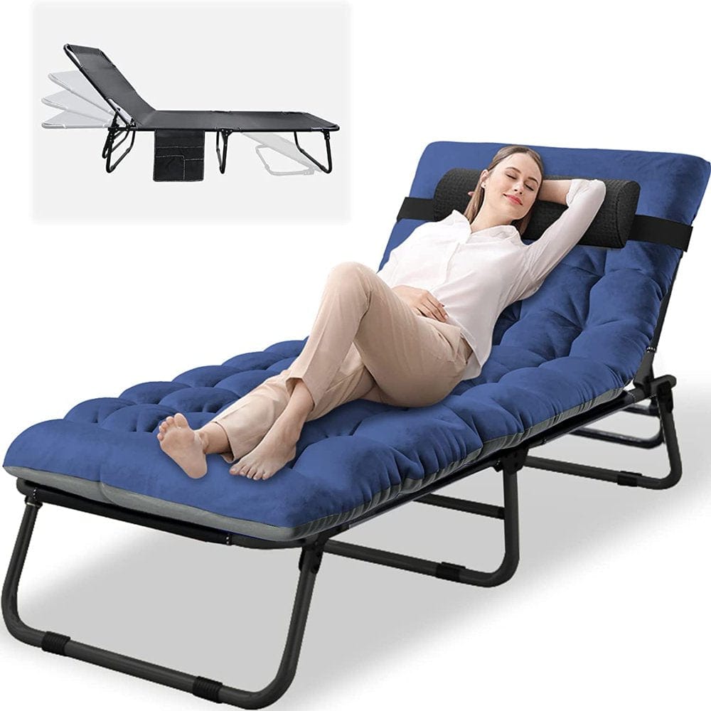 ABORON Camping Cots for Adults, Folding Guest Bed Cot, 4- Position Adjustment Folding Chaise Lounge Chair, Folding Bed with 2-Sides Cotton Mattress & Pillow